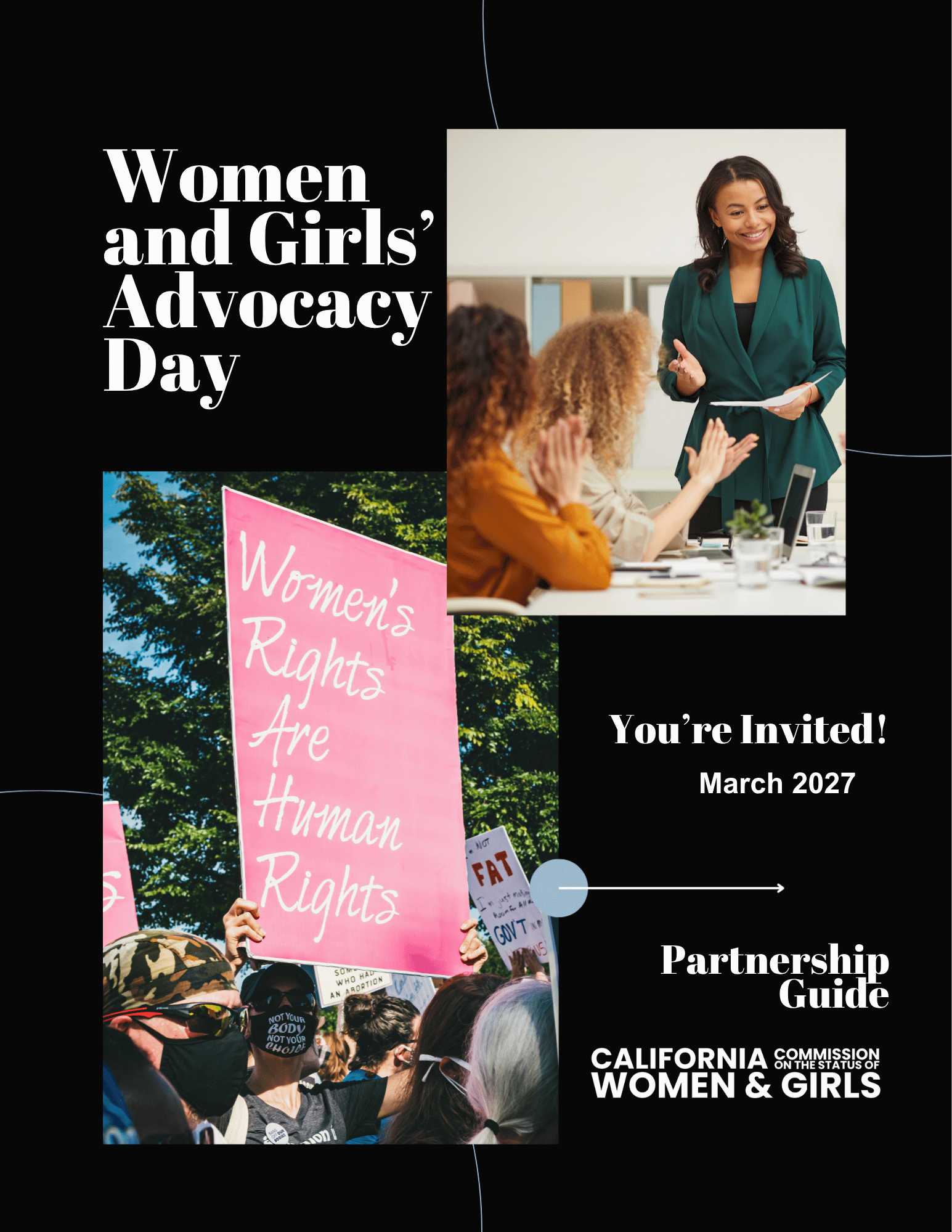 Women and Girls Advocacy Day Partner Guide with smiling women and women advocating at a rally.
