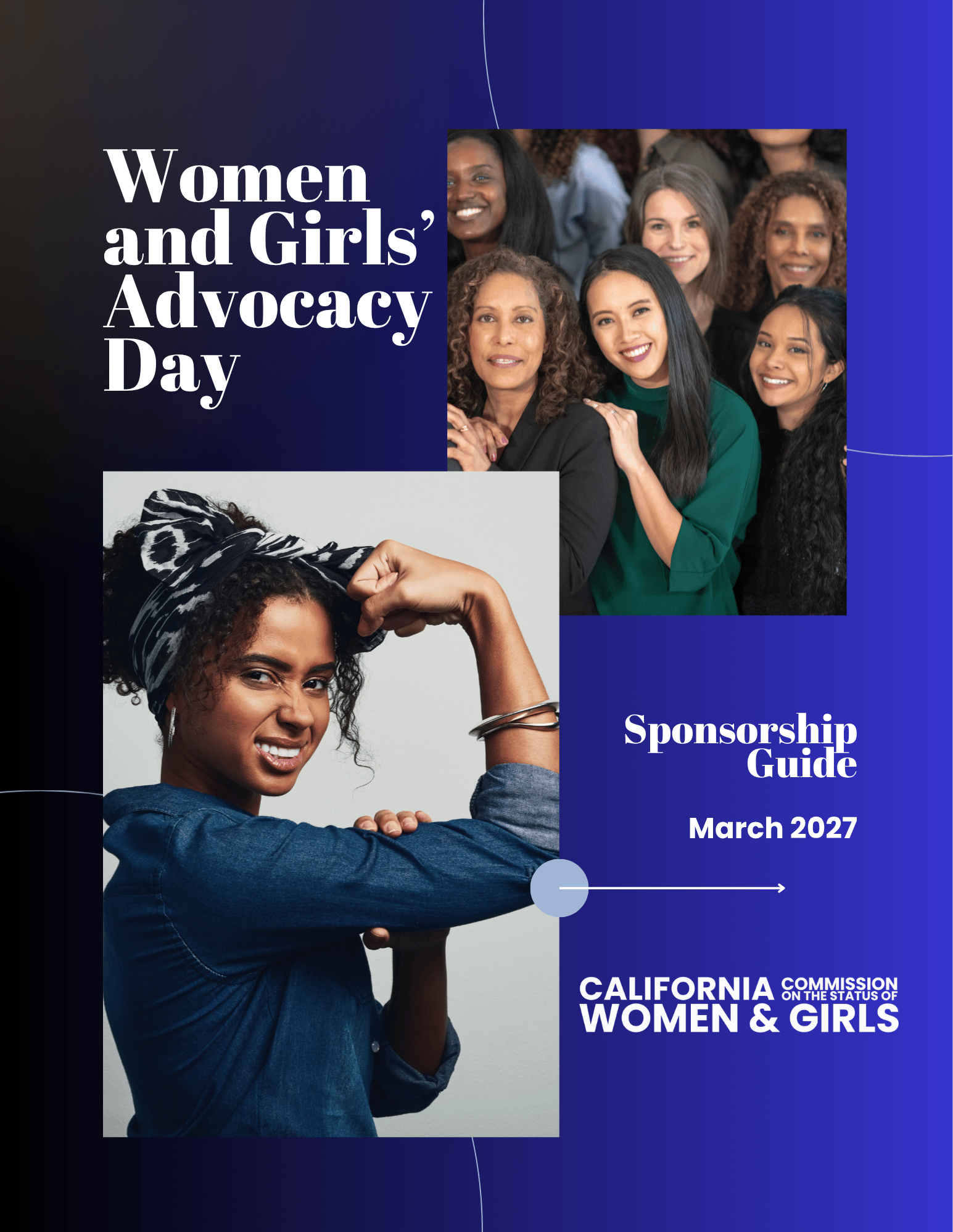 Women and Girl Advocacy Day sponsor guide with black woman flexing and many women smiling